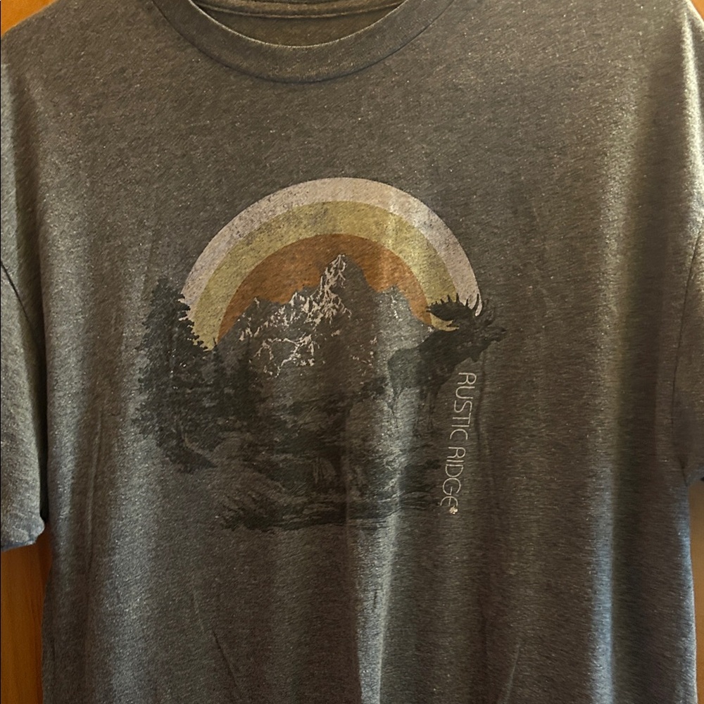 Rustic Ridge Tshirt showing an Elk-Charcoal Mountain Graphic Tee for Men
